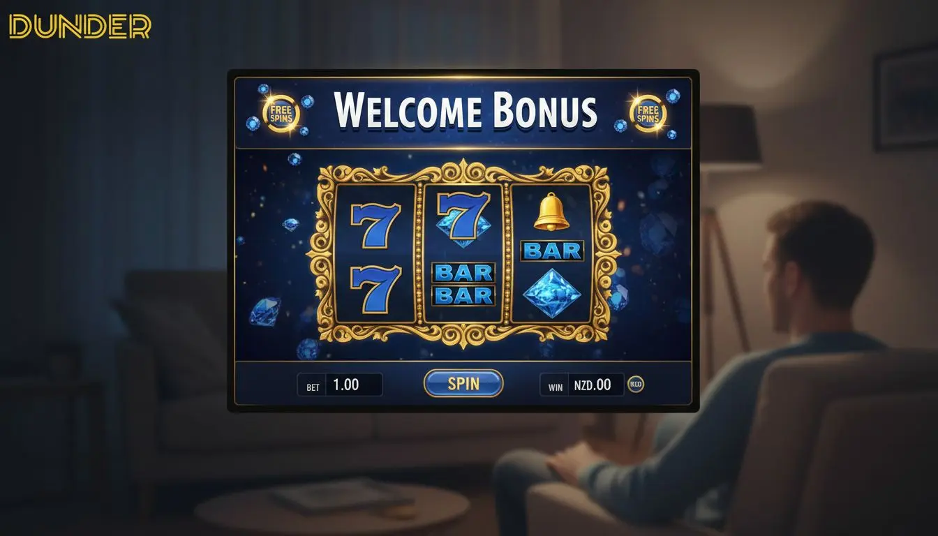 Stage-style bonus presentation with free spins and NZD reward